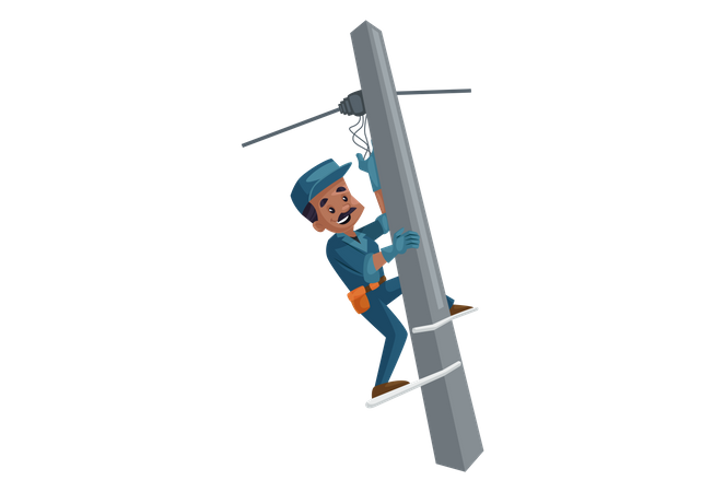 Electrician fixing wire of electric pole  Illustration