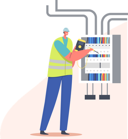 Electrician fixing wires in the main board  Illustration