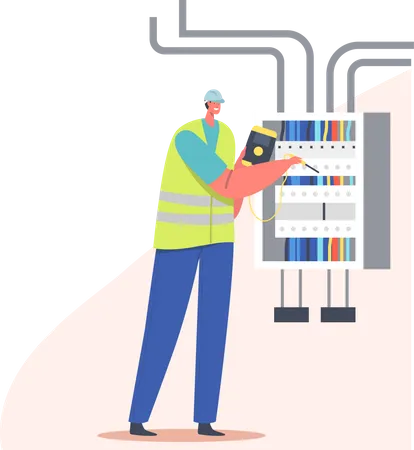 Electrician fixing wires in the main board  Illustration
