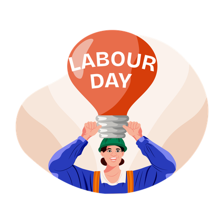 Electrician holding lightbulb showing labour day  Illustration