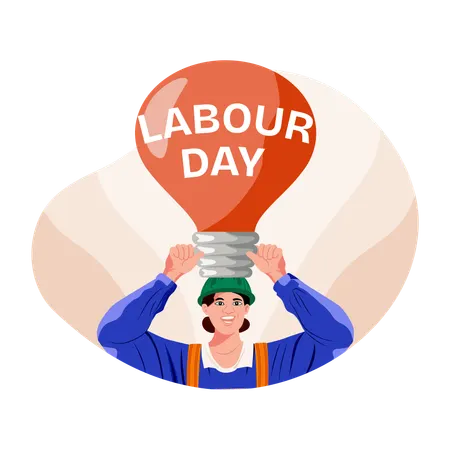 Electrician holding lightbulb showing labour day  Illustration