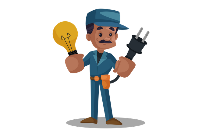 Electrician holding plug and bulb  Illustration