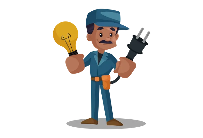 Electrician holding plug and bulb  Illustration