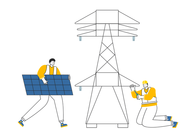 Electrician holding solar panel while checking power supply  Illustration