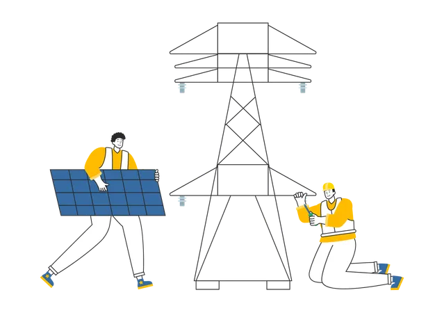 Electrician holding solar panel while checking power supply  Illustration