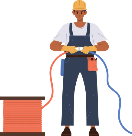 Electrician holding two cords connecting cables to start electrical equipment  Illustration