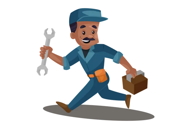 Electrician in hurry with tool box and wrench for repair service  Illustration