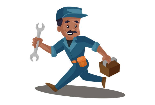 Electrician in hurry with tool box and wrench for repair service  Illustration