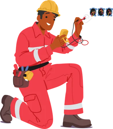 Electrician in Red Jumpsuit Hard Hat And Tool Belt Working With Electrical Components  Illustration