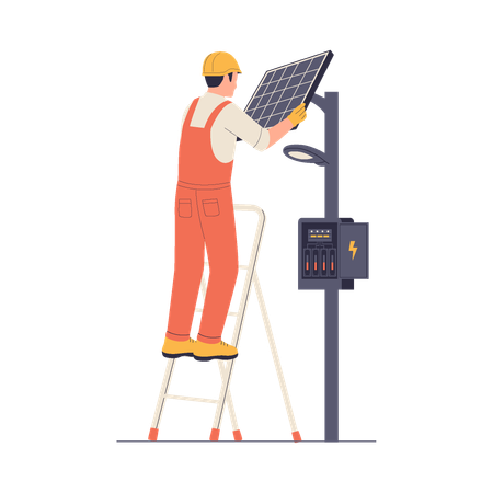 Electrician Installing Solar Panel on Street Light  Illustration