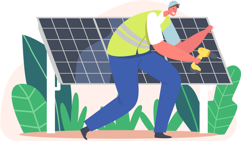 Electrician installing solar panels  Illustration