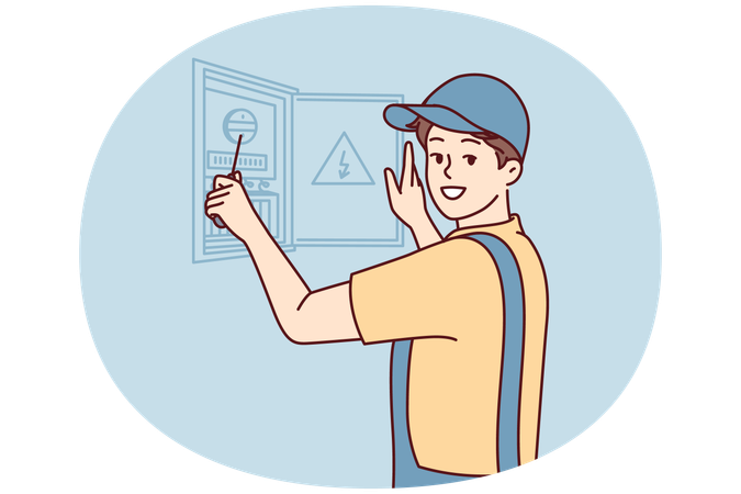 Electrician is engaged in repair electrical appliances by opening panel  Illustration