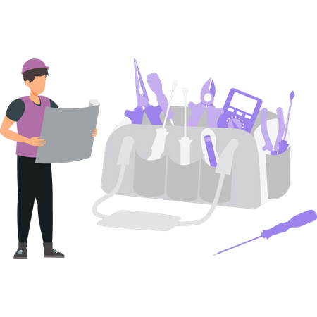 Electrician looking at diagram  Illustration