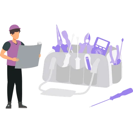 Electrician looking at diagram  Illustration