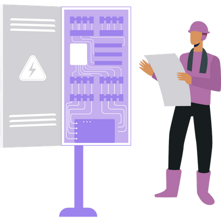 Electrician looking at fuse box  Illustration