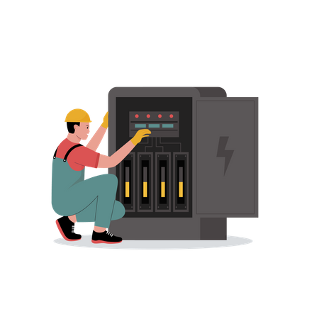 Electrician looking into circuit board  Illustration