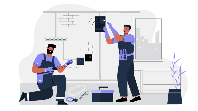 Electrician man repairing fuse box  Illustration