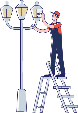 Electrician repair streetlight change lamp  Illustration