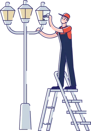 Electrician repair streetlight change lamp  Illustration