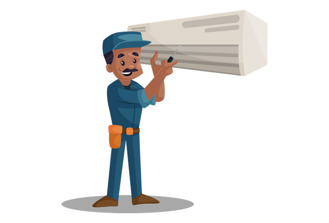 Electrician repairing ac with screwdriver  Illustration