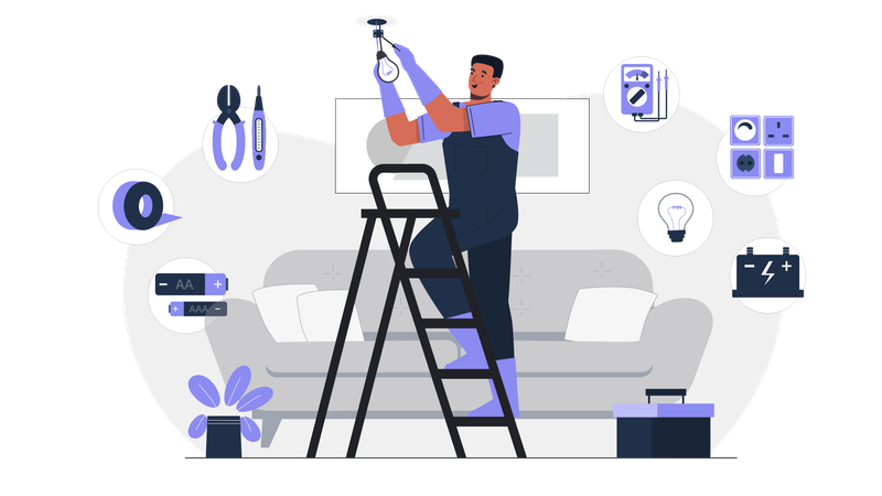 Electrician repairing bulb  Illustration