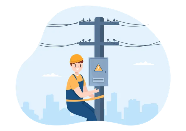 Electrician repairing electric pole Illustration