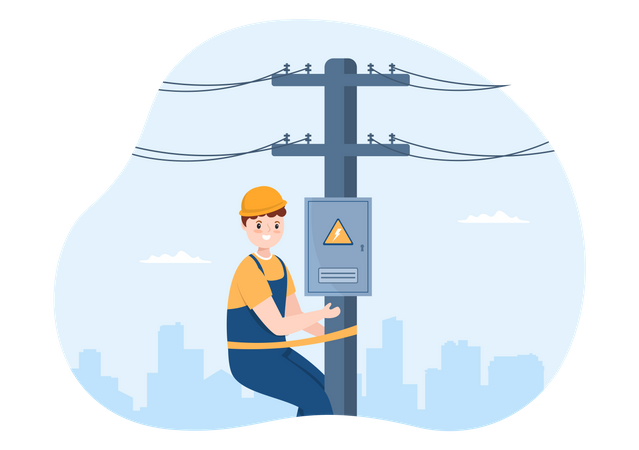 Electrician repairing electric pole  Illustration