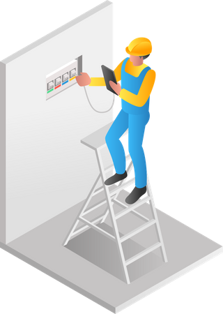 Electrician repairing power box Illustration