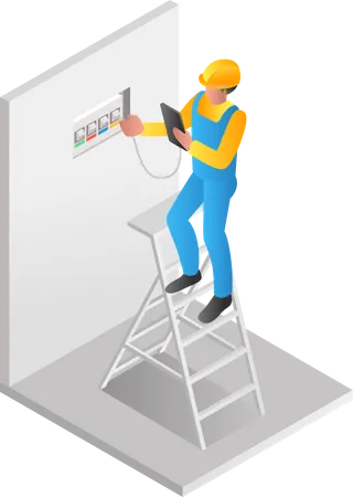 Electrician repairing power box  Illustration