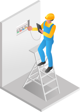 Electrician repairing power box  Illustration