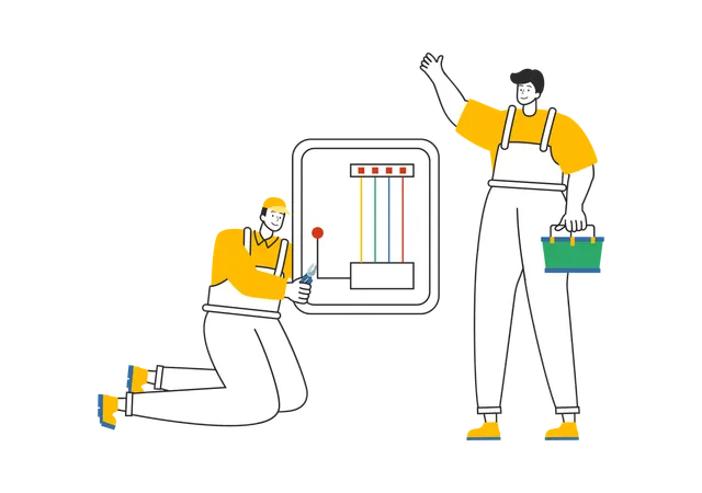 Electrician repairing power box  Illustration