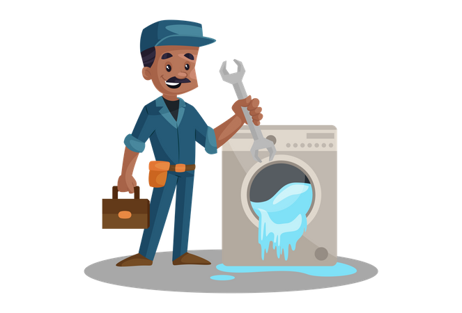 Electrician Repairing Washing Machine Illustration