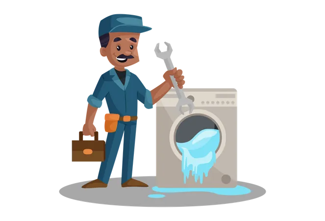 Electrician Repairing Washing Machine  Illustration