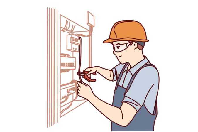 Man Electrician Repairs Power Shield And Connects Residential Building Or Factory To Electricity Guy In Electrician Uniform Repairs Wiring Standing Near Cabinet With Power Machines And Wires Illustration