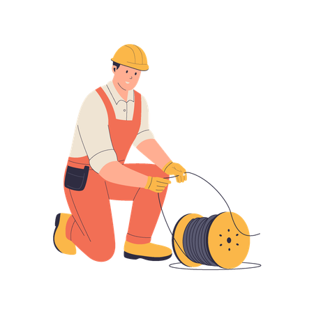 Electrician Unrolling Electrical Cable.  Illustration