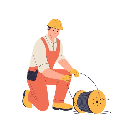 Electrician Unrolling Electrical Cable.  Illustration