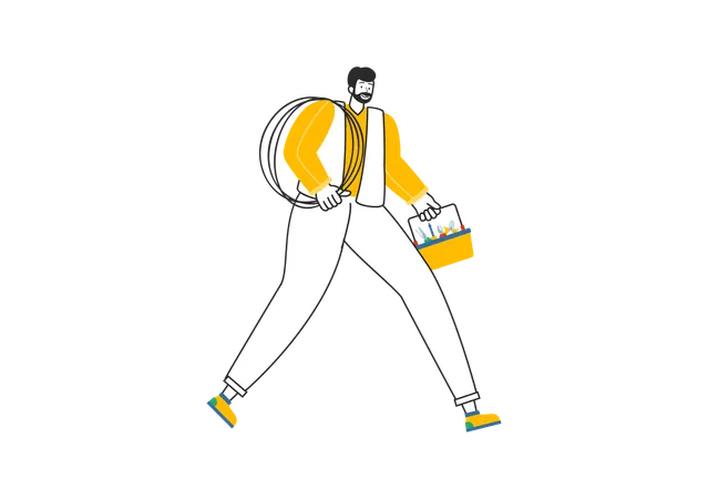 Electrician walking with tool box and wire  Illustration