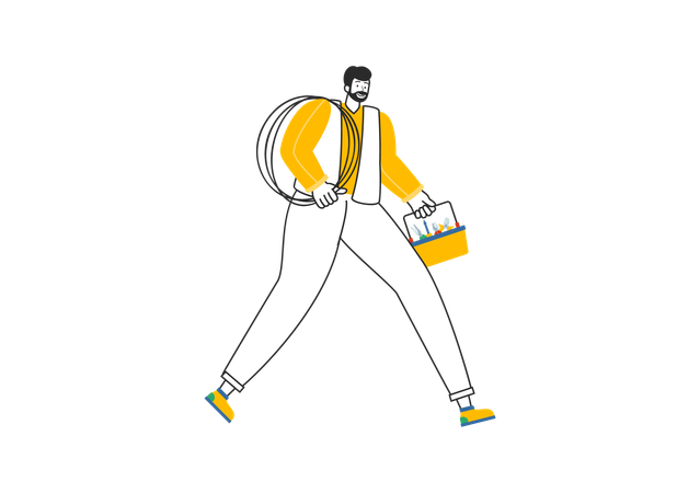 Electrician walking with tool box and wire  Illustration