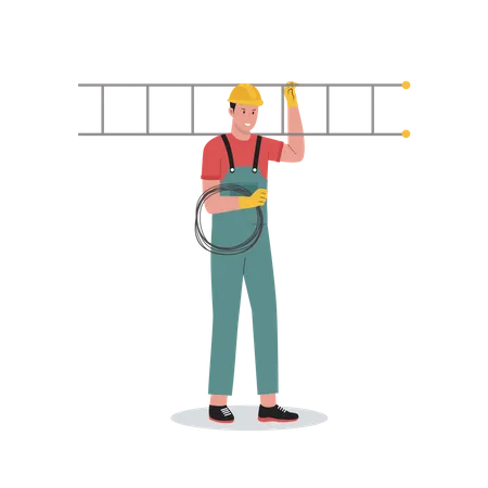 Electrician with ladder and wire Illustration