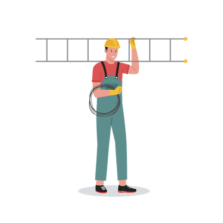 Electrician with ladder and wire  Illustration