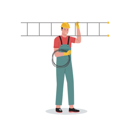 Electrician with ladder and wire  Illustration