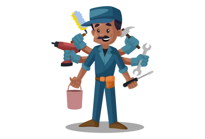 Electrician with multi hands holding tools  Illustration