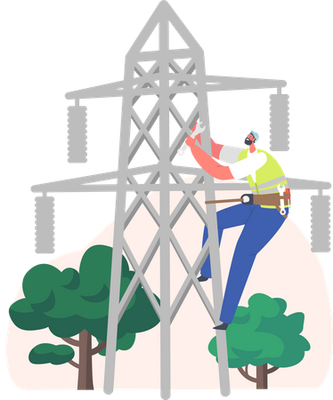 Electrician worker climbing and fixing the electrical line  Illustration