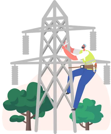 Electrician worker climbing and fixing the electrical line  Illustration