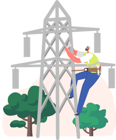 Electrician worker climbing and fixing the electrical line  Illustration