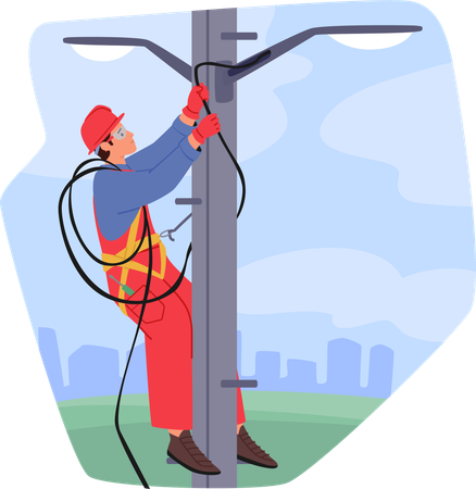 Electrician Worker Climbing on Power Line for Repairing  Illustration