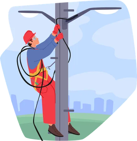 Electrician Worker Climbing on Power Line for Repairing  Illustration