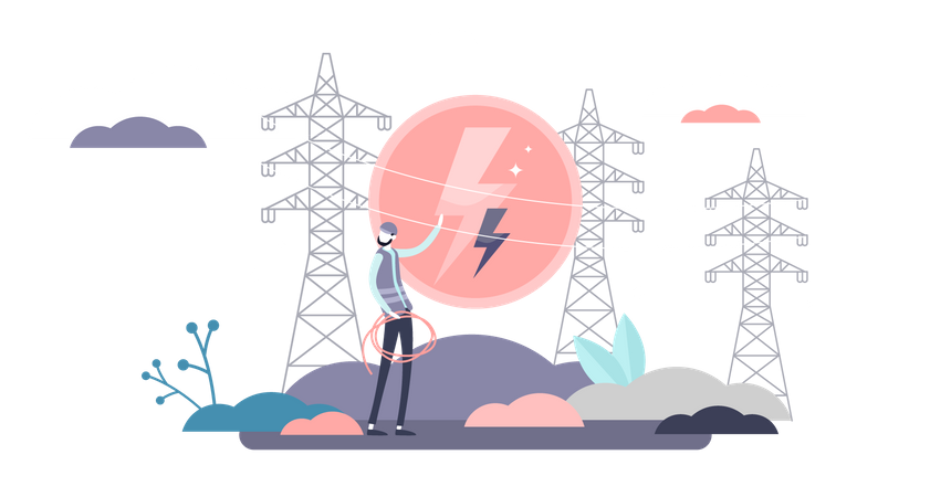Electrician worker with electrical poles and cables  Illustration