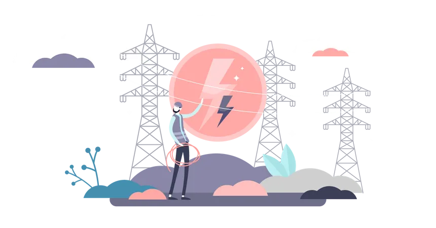 Electricity Industry Concept Flat Tiny Electrician Worker Person Vector Illustration With Electrical Poles And Cables Circle Lightning Symbol Sign Abstract Green Renewable Energy Infrastructure Illustration