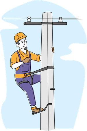 Electrician Worker with Tools and Equipment Climbing on Electric Transmission Tower for Maintenance Illustration